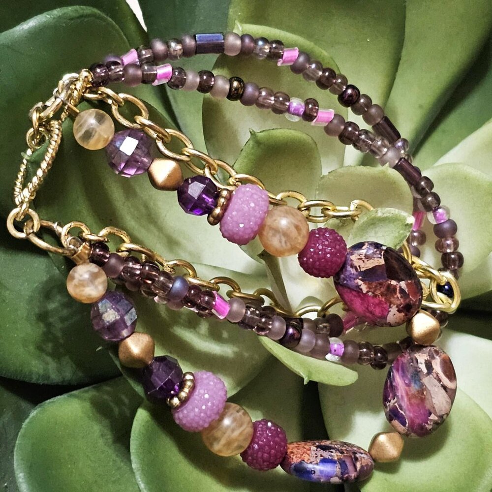 Artisan Necklace Earrings and Bracelet Set Purple Gold Magenta Stone Beads - Picture 9 of 15